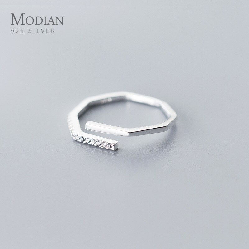 Modian Authentic 925 Sterling Silver Shining Zircon Geometric Polygon Line Open Adjustable Finger Ring for Women Fine Jewelry