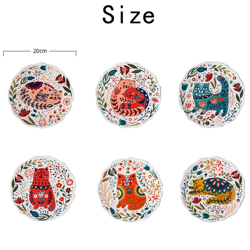 Creativity Cartoon Cat Painted Diner Plate Home Ceramic Plate Breakfast Dessert Dish Kitchen Decor Dinner Set Plates and Dishes