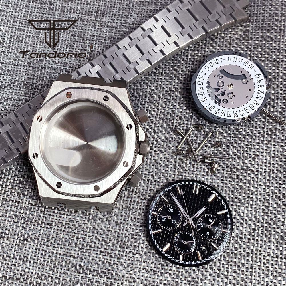 Roestvrijstalen Geborsteld 42Mm Horlogekast Armband Achtkant Bezel Saffier Crystal Fit Vk63 Vk64 Chronograaf Quartz Uurwerk