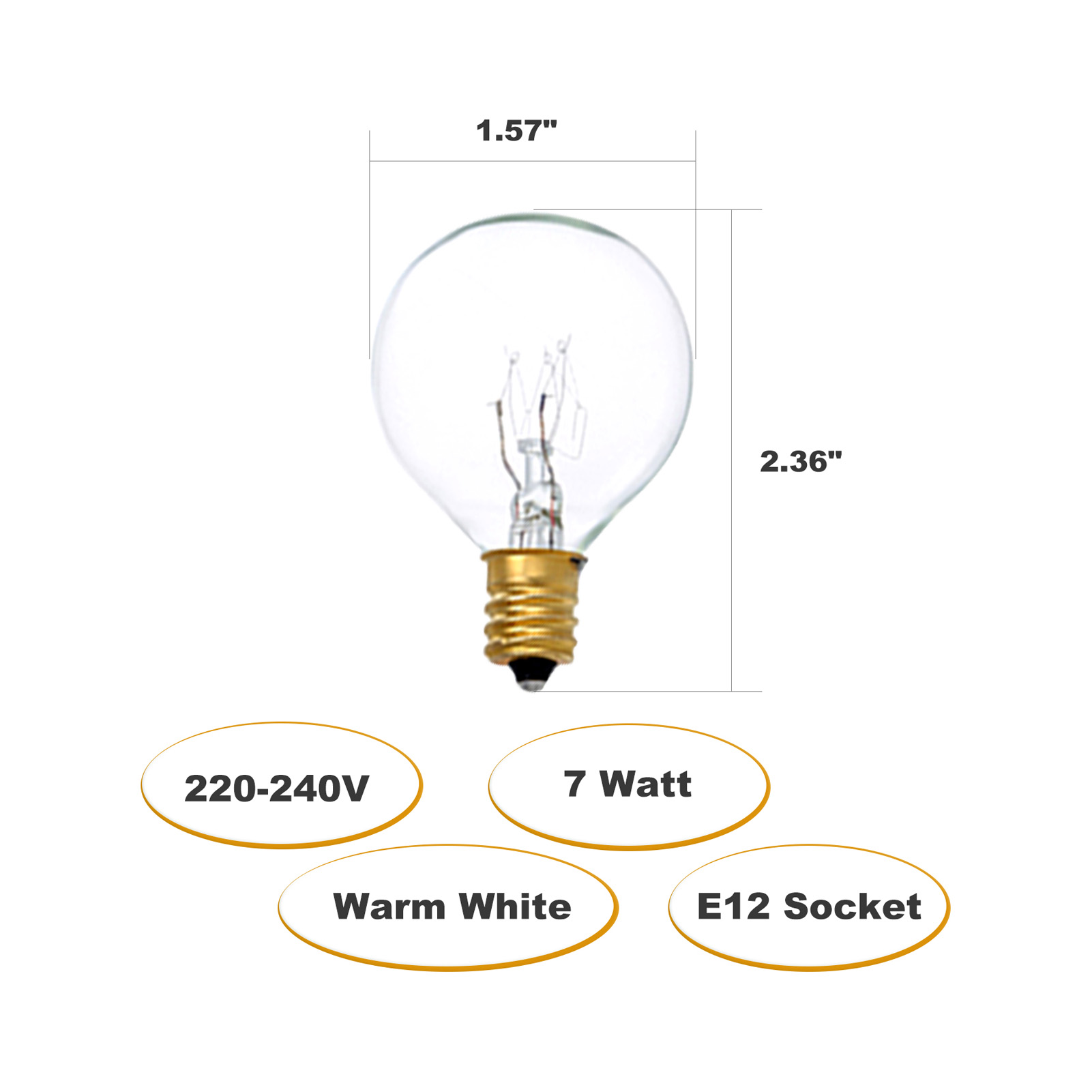 25 pièces ampoules de remplacement G40 ampoule en tungstène lampe 7W 220-240V clair Globe ampoule E12 Base ampoules pour intérieur extérieur Patio