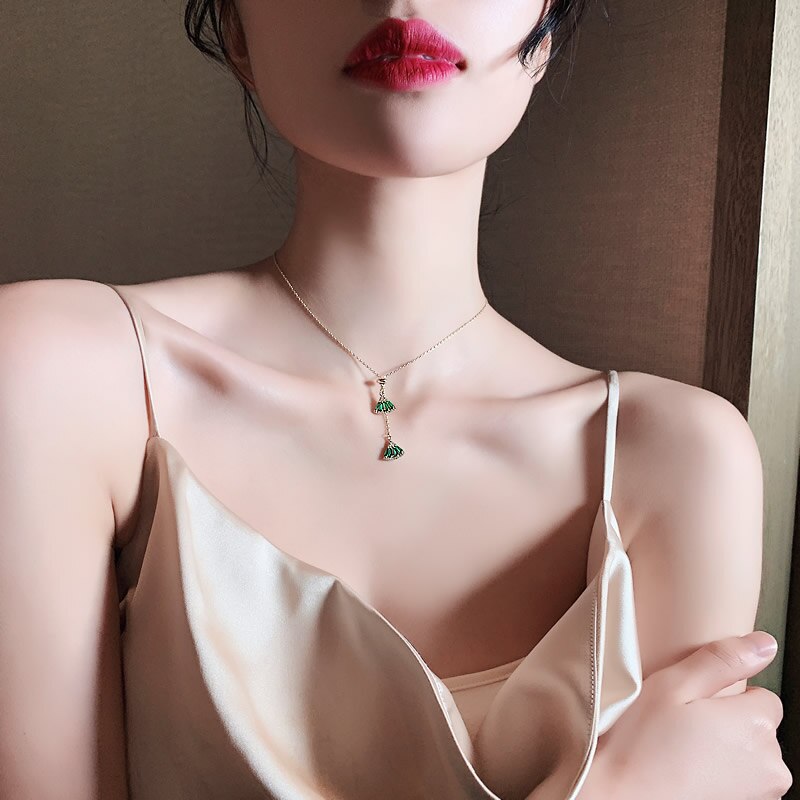 Venda quente zircão verde cristal fã-em forma de colar geométrico pingente colar elegante festa senhoras colar jóias para mulher