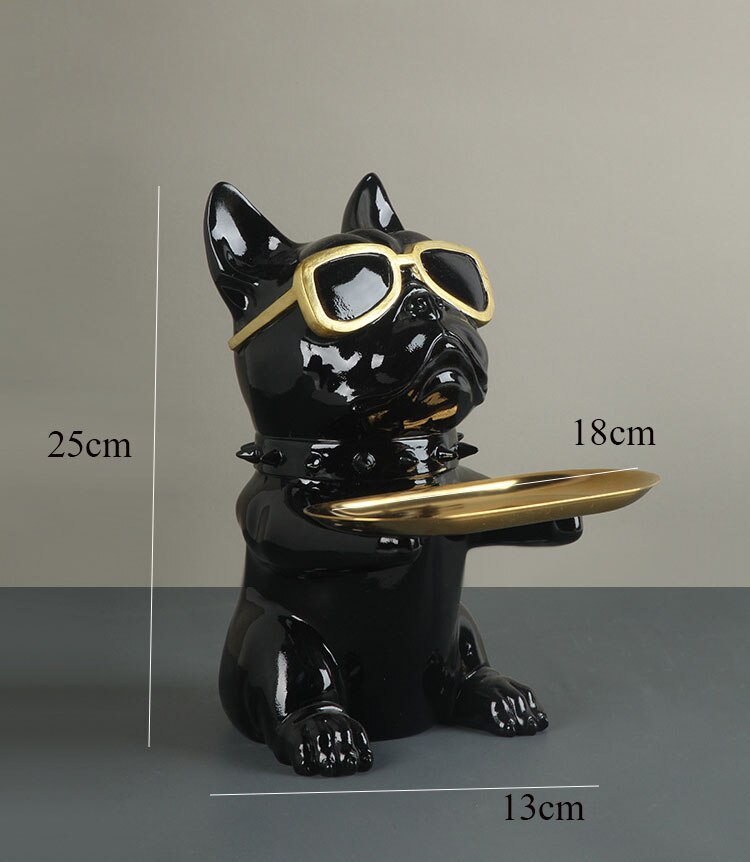 Escultura de Bulldog Francés nórdico, estatua de perro, llave, joyería, almacenamiento, decoración de mesa, con vasos de plata: Negro