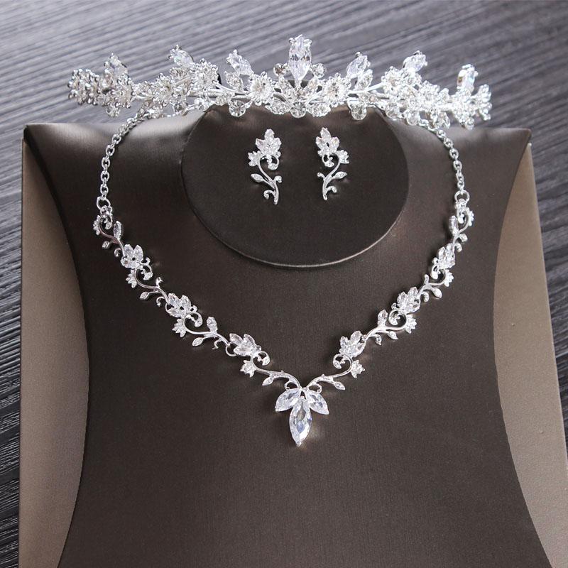 Luxe Cubic Zirkoon Leaf Bridal Sieraden Set Bruiloft Sieraden Set Strass Diadeem Tiara Kroon Choker Ketting Oorbellen Bijoux: Default Title