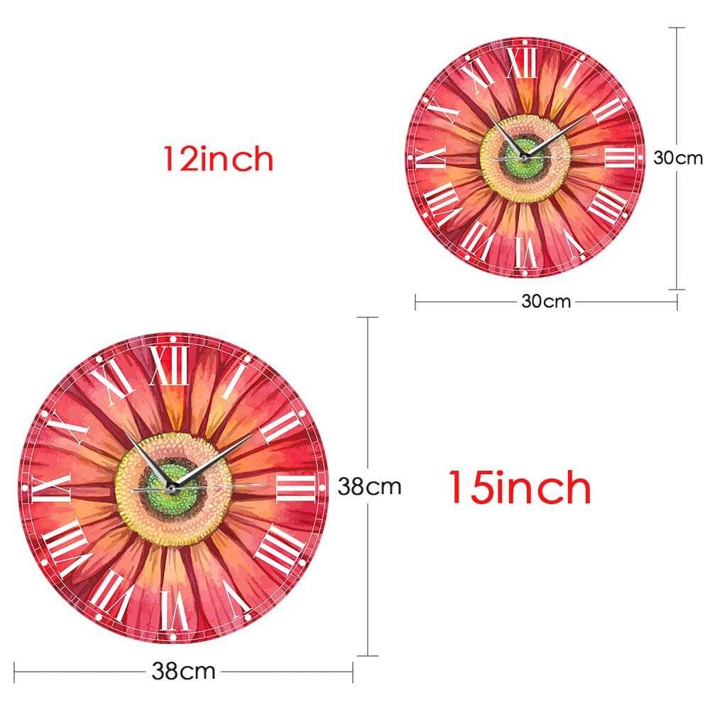 Red Watercolour Gerbera Daisy Paints Large Wall Clock Watch Sunflower Floral Pattern Horologe Living Room Decoration Mute Clocks