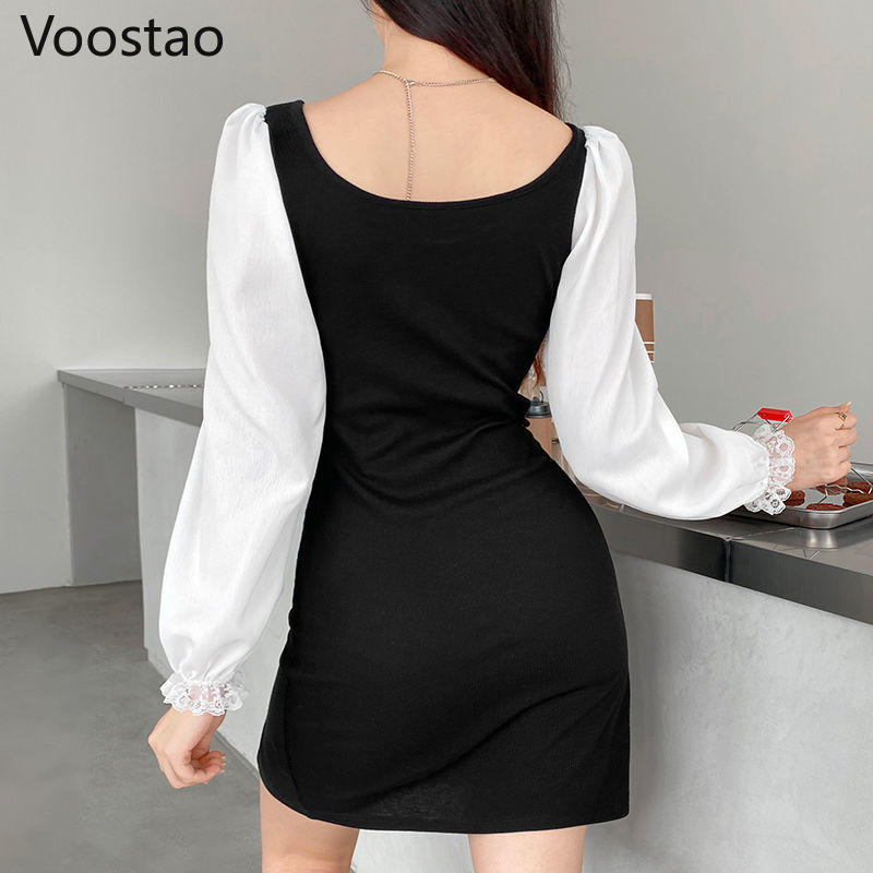 Vestido de encaje de manga larga estilo Retro victoriano para mujer, vestido de con cuello cuadrado, estilo japonés
