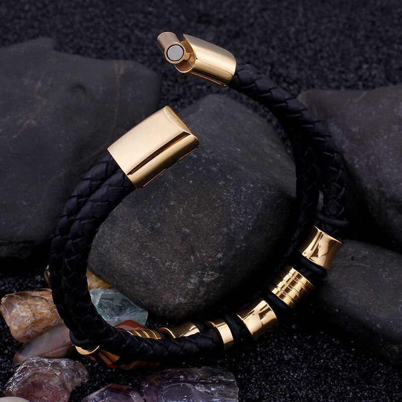 Pulseiras de couro de dupla camada vintage para homem 22cm de aço inoxidável ouro//preto charme wrap pulseira braçadeira jóias