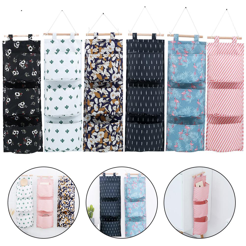 Bolsa de almacenamiento colgante con estampado de lino y algodón, organizador de juguetes y cosméticos, 3 bolsillos, montado en la pared