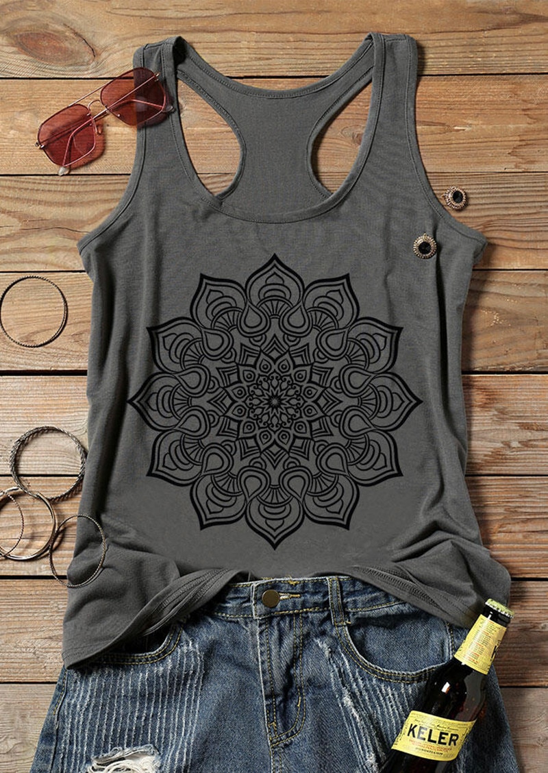 Tank Top Vrouwen Zomer Mouwloze Tees Mandala Gedrukt O-hals Tank Vrouwelijke Casual Grijs Tops Lady Camis Losse Bloemen Tee