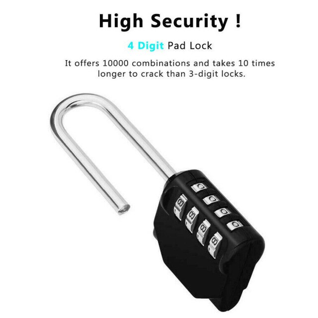 4 Digit Number Combination Padlock Long Shackle Padlock Outdoor Waterproof Lock Suitcase Luggage Security Coded Lock: Black