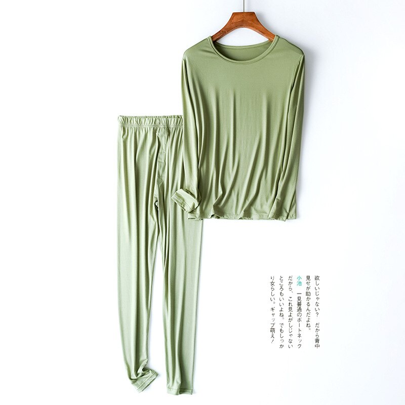 Pyjama en coton Modal pour homme, vêtements de nuit à manches longues, couleur unie, ample, grande taille, tenue de maison, printemps, 95%: Green Set / L(60-70kg)