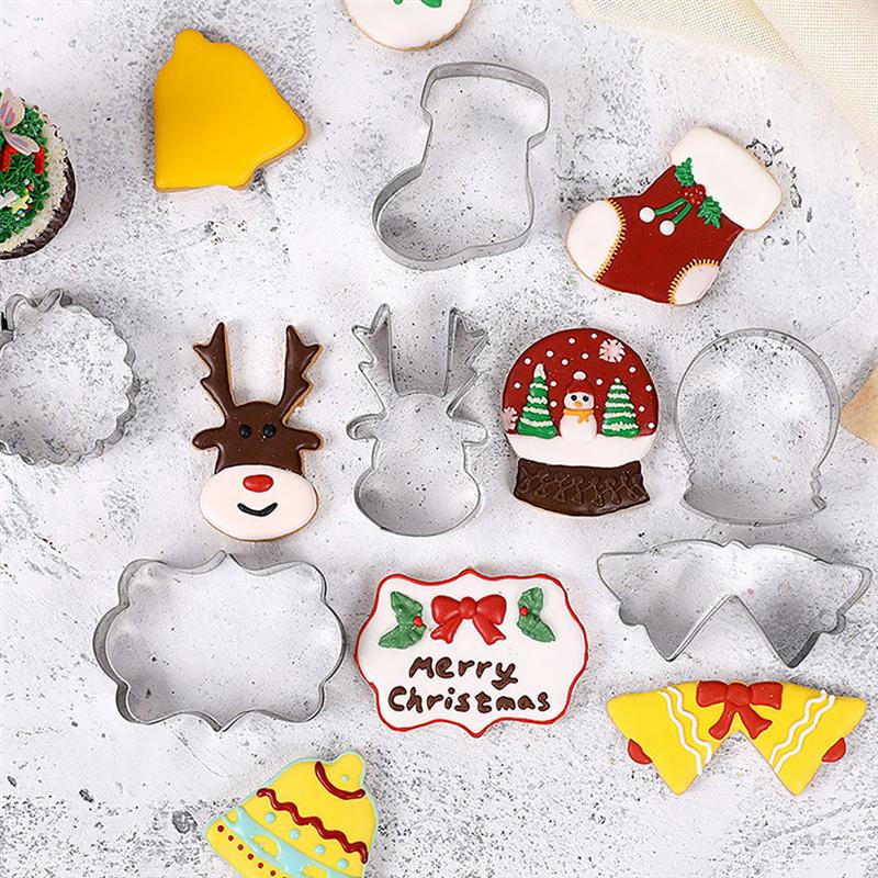 9Pcs Kerst Mallen Cartoon Bakvorm Rvs Cookie Mold Prop Zilver Kerst Cartoon Icing Cookie Mold