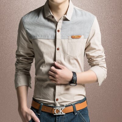 Miacawor original herreskjorte fritidsskjorter slim fit langermet camisa masculina camisa social plus størrelse  c215: Khaki / L