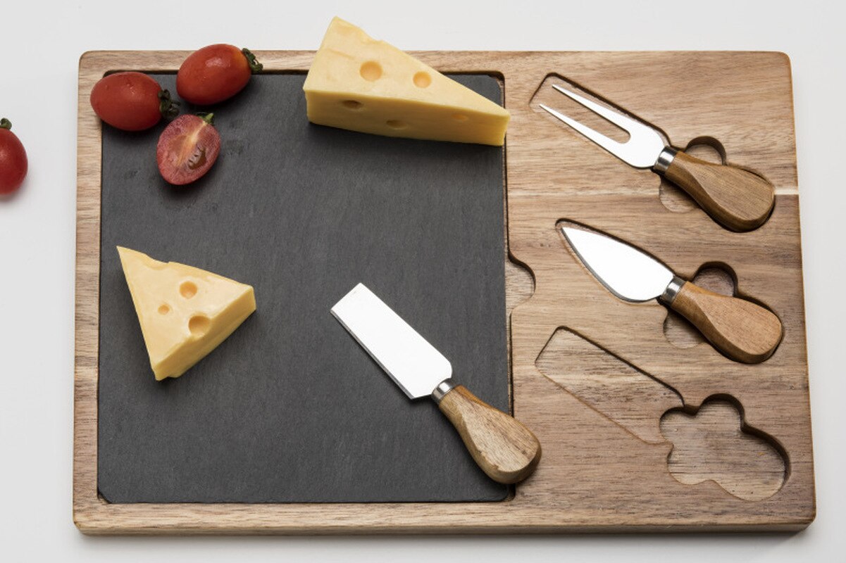 Acacia Wood Cheese Board Set with Cheese Knife Black Slate Wooden Home Cutting Board
