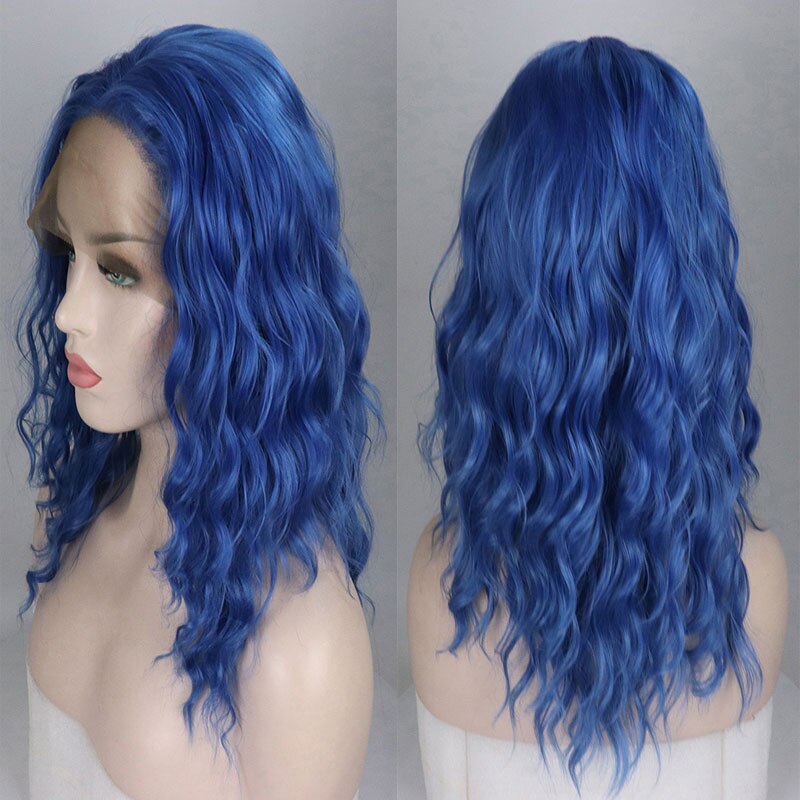 Bombshell krótki bob włosy syntetyczne koronkowa peruka na przód Glueless fioletowy brązowy niebieski luźna fala włókno termoodporne włosy dla kobiet peruki: blue / 16 inch lace front