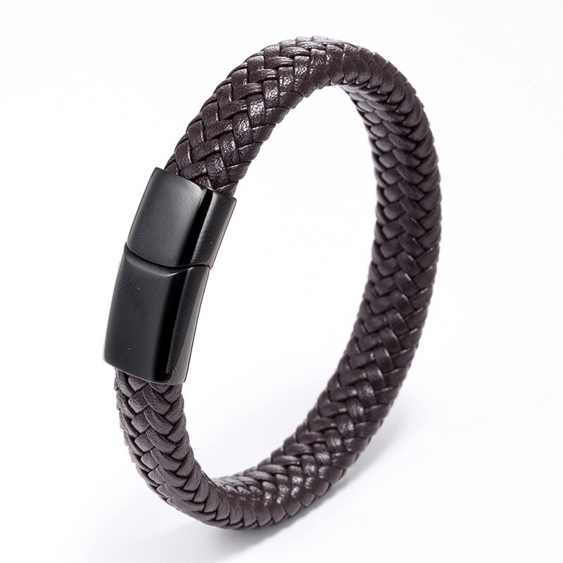 Handgemachte Geflochtene Armreif Männer Biker Manschette Schnalle Leder Magnetische Armband: Brown Black