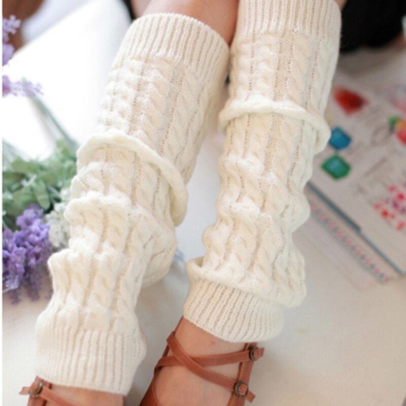 Female Leg Warmers Adults Solid Color Jacquard Knitted Stocking Leg Sleeve for Autumn Winter: white
