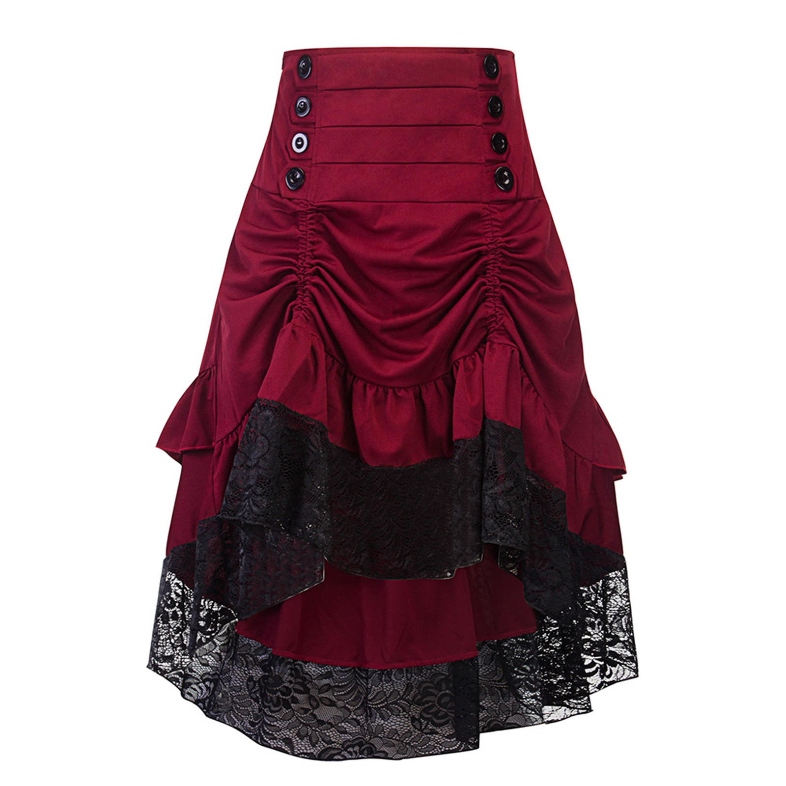Halloween Half Skirts Gothic Solid Color High Waist Button Lace Stitching Ruched Drawstring Irregular Skirt Medieval Faldas: M / Red