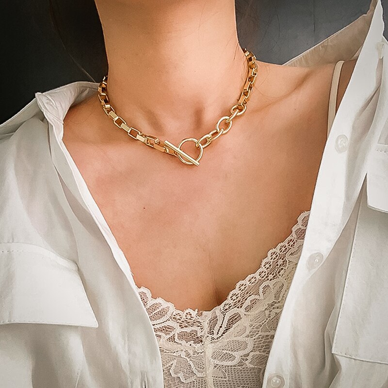 Punk Miami Cuban Choker Necklace Collar Statement Hip Hop Big Chunky Aluminum Gold Color Thick Chain Necklace Women Jewelry: Gold 142