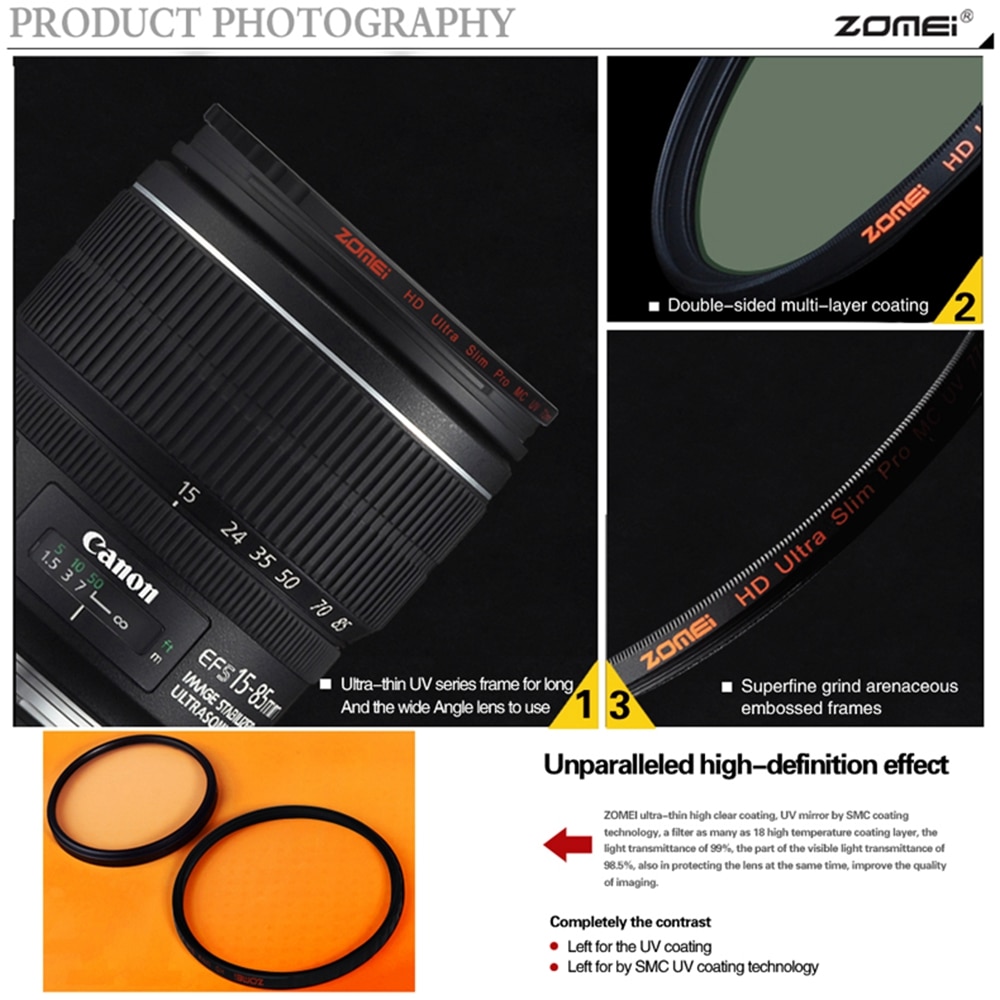 ZOMEI HD 40.5/49/52/55/58/62/67/72/77/82MM Ultra Slim 18 Layers Multi-Coated Pro MCUV Filter lens Protector