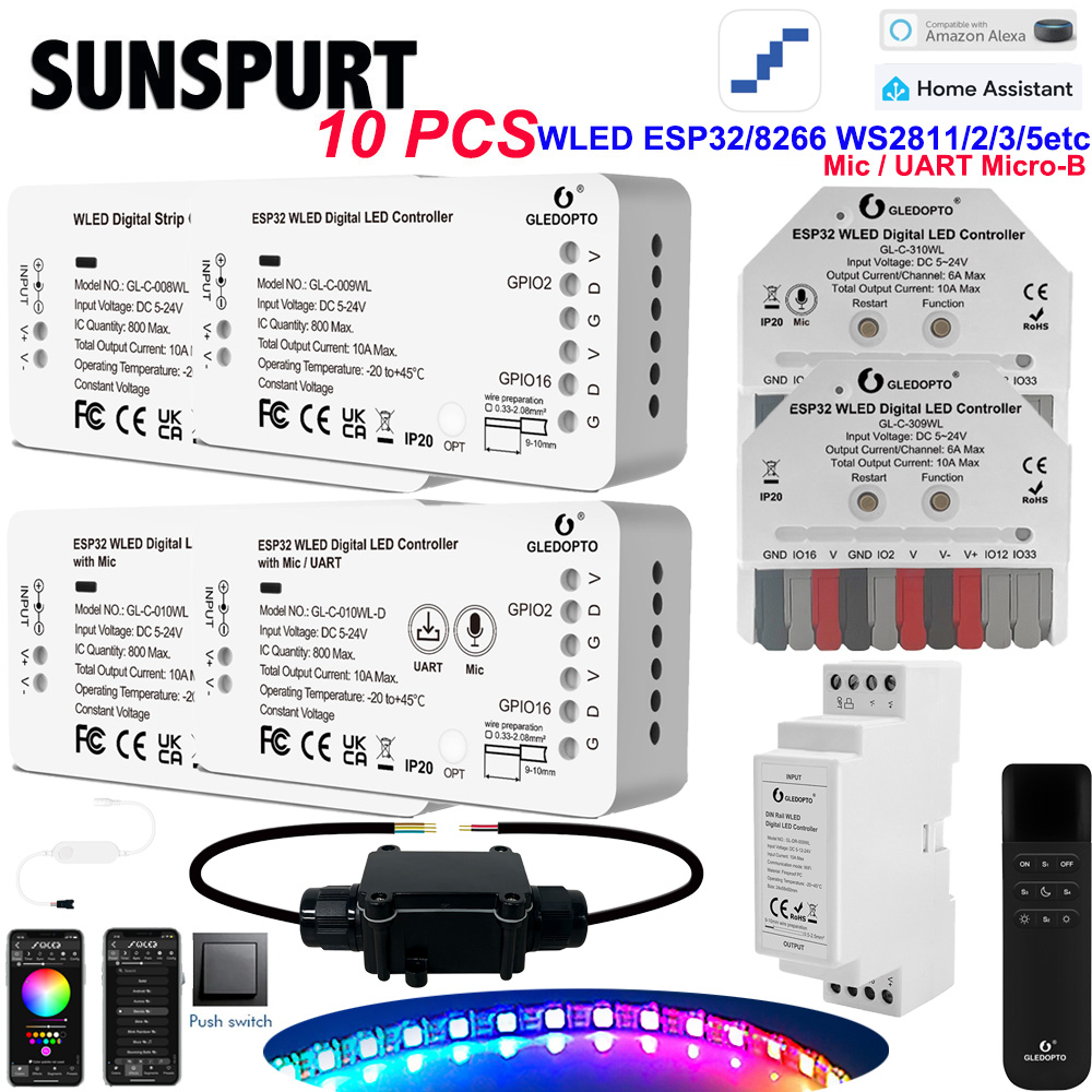 1-10WLED GLEDOPTO RGB Strip Lights with Mic LED Controller ESP32 Music Dynamic Modes for WS2811 WS2812B SK6812 WS2813 WS2815 DIY