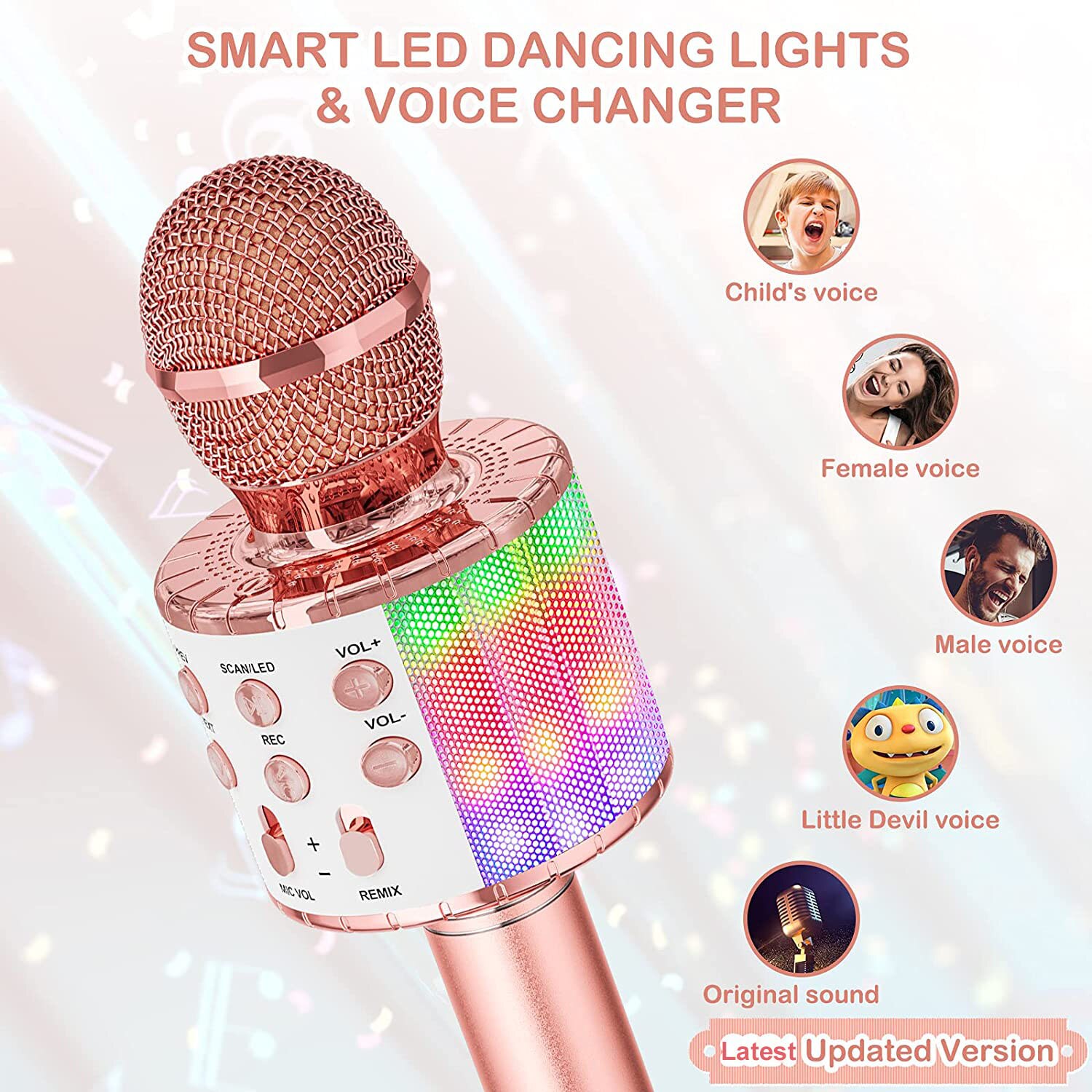 Karaoke Microphone for Kids Singing, 5 in 1 Wireless Bluetooth Microphone with LED Lights Karaoke Machine Portable Mic Speaker