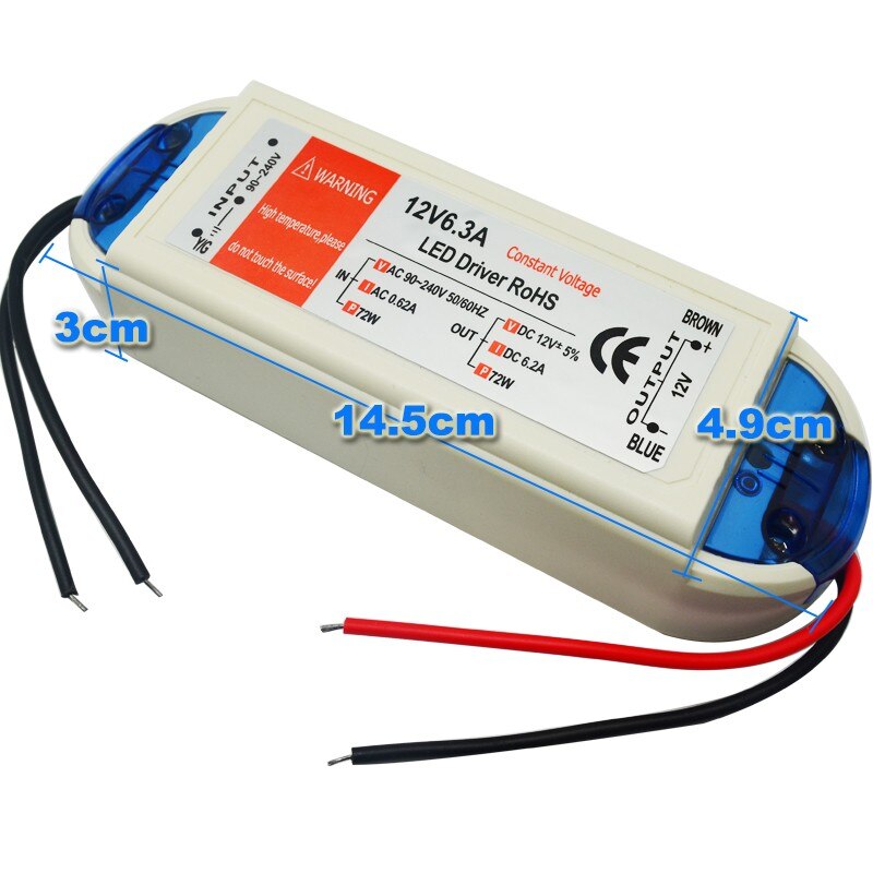 Led driver 18w led voeding led transformator 12v 5W 18w 28w 48w 72w 100w voor led strip mr16 mr11: 72W