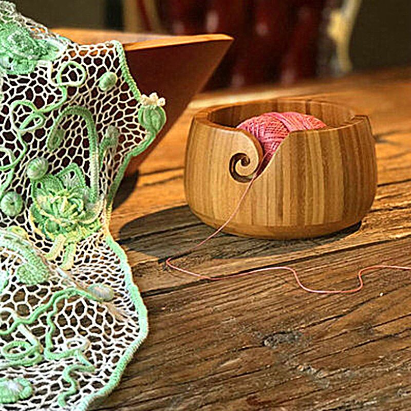 Bol de fil avec couvercle rond en bois bambou fil bol de rangement avec couvercle en bois massif à la main laine outil de tricotage