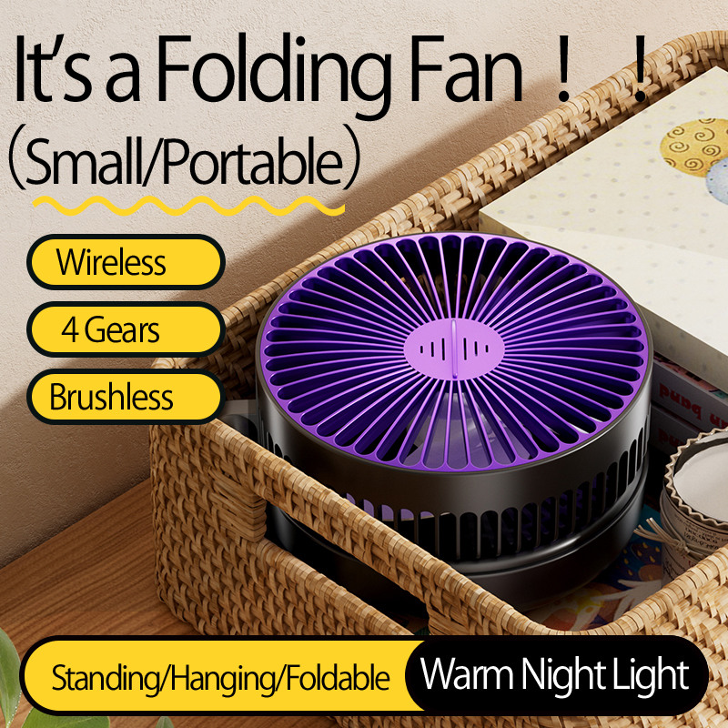 2024 Neuer Stil 5000 mAh kleiner tragbarer Ventilator, wiederaufladbarer Wandventilator 90 ° Faltbarer Tischventilator mit 4 Gängen und warmem Nachtlicht