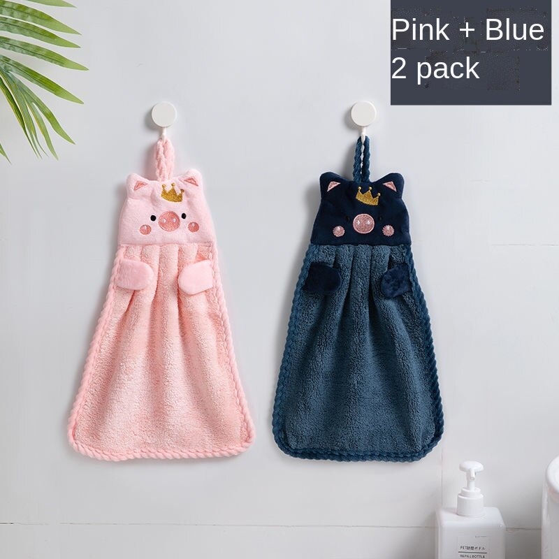 2 Pcs Cute Children's Handkerchief Towels Hanging Thickened Pure Cotton Absorbent Bathroom Face Wash Towel Kitchen Accessories: pink blue-send hooks