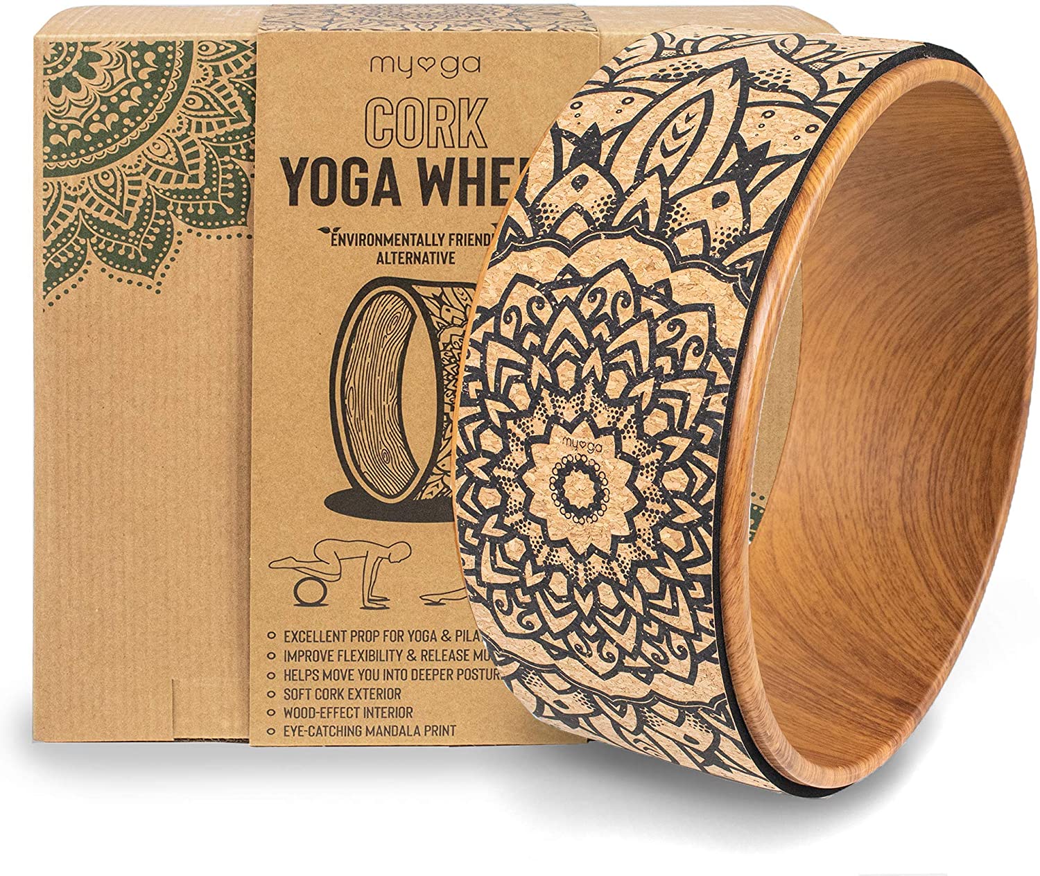 Cork Yoga Wheel for Yoga Poses and Backbends Inversions - Natural Cork with Wood-Effect and Mandala Print