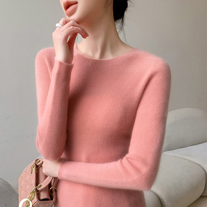 Suéter de malha com nervuras de manga comprida feminina, gola redonda, pulôver fino, tops de luxo, roupa coreana, moda