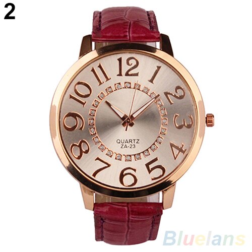 Mężczyźni kobiety duże cyfry arabskie kryształ górski Faux Skórzany kwarc analogowy zegarek na rękę sukienka damska zegarki prezent luksus: róża czerwony