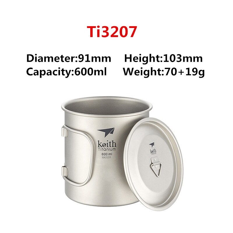 Keith titanium kopp titan vann krus sammenleggbart håndtak enkelt vegg kopp utendørs camping reise tur kopper med lokk 220ml-900ml: 600ml