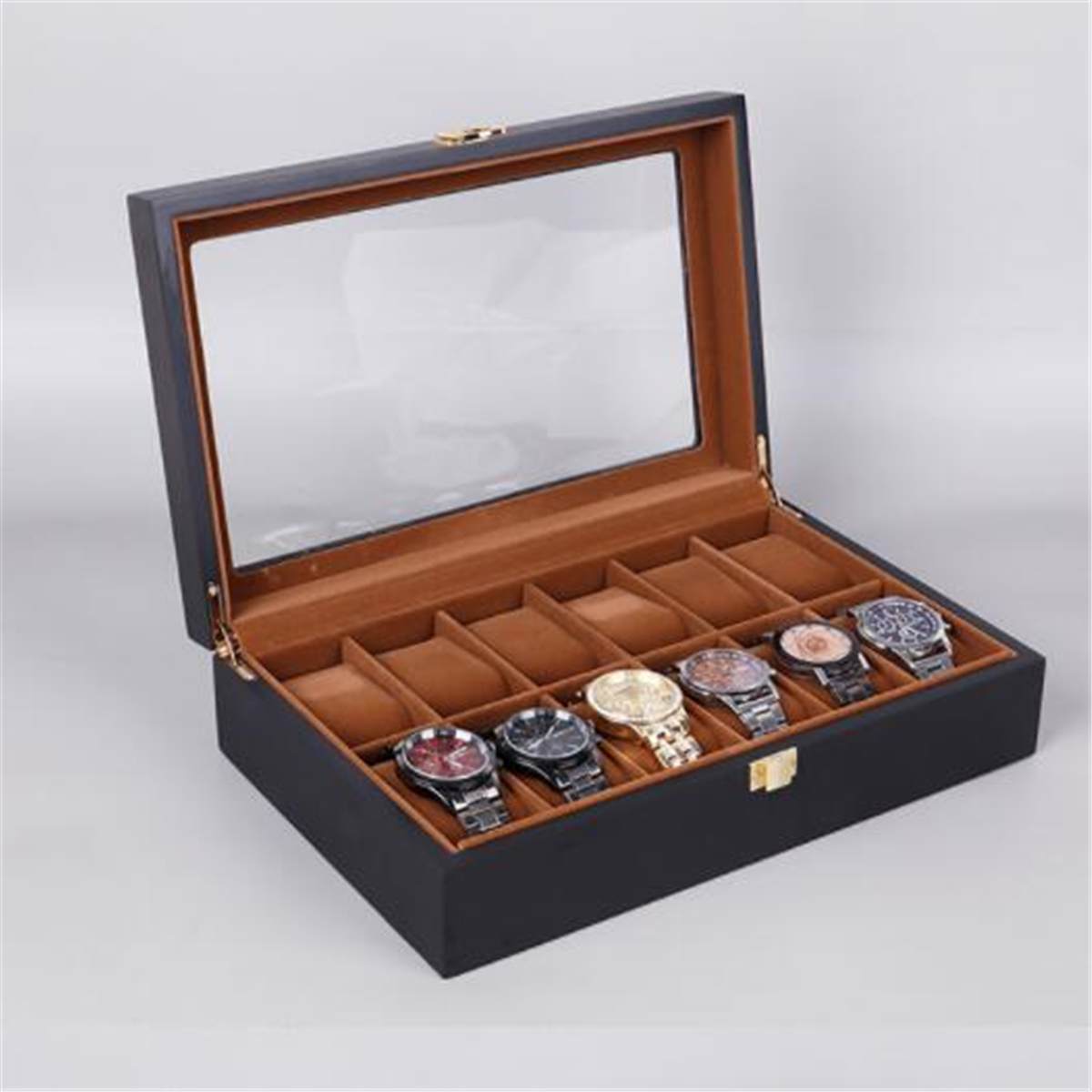6/10/12 Grids Horloge Doos Houten Glazen Doos Glazen Case Organizer Box Luxe Sieraden Display Multifunctio Doos Horloge zwart