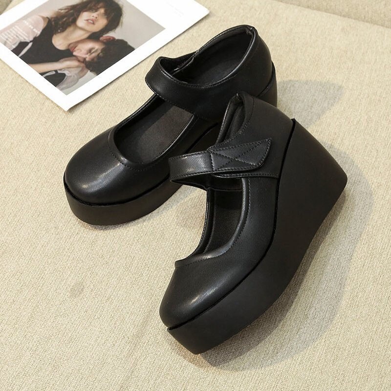 Lolita Shoes platform wedge shoes For Women Black Retro British Style