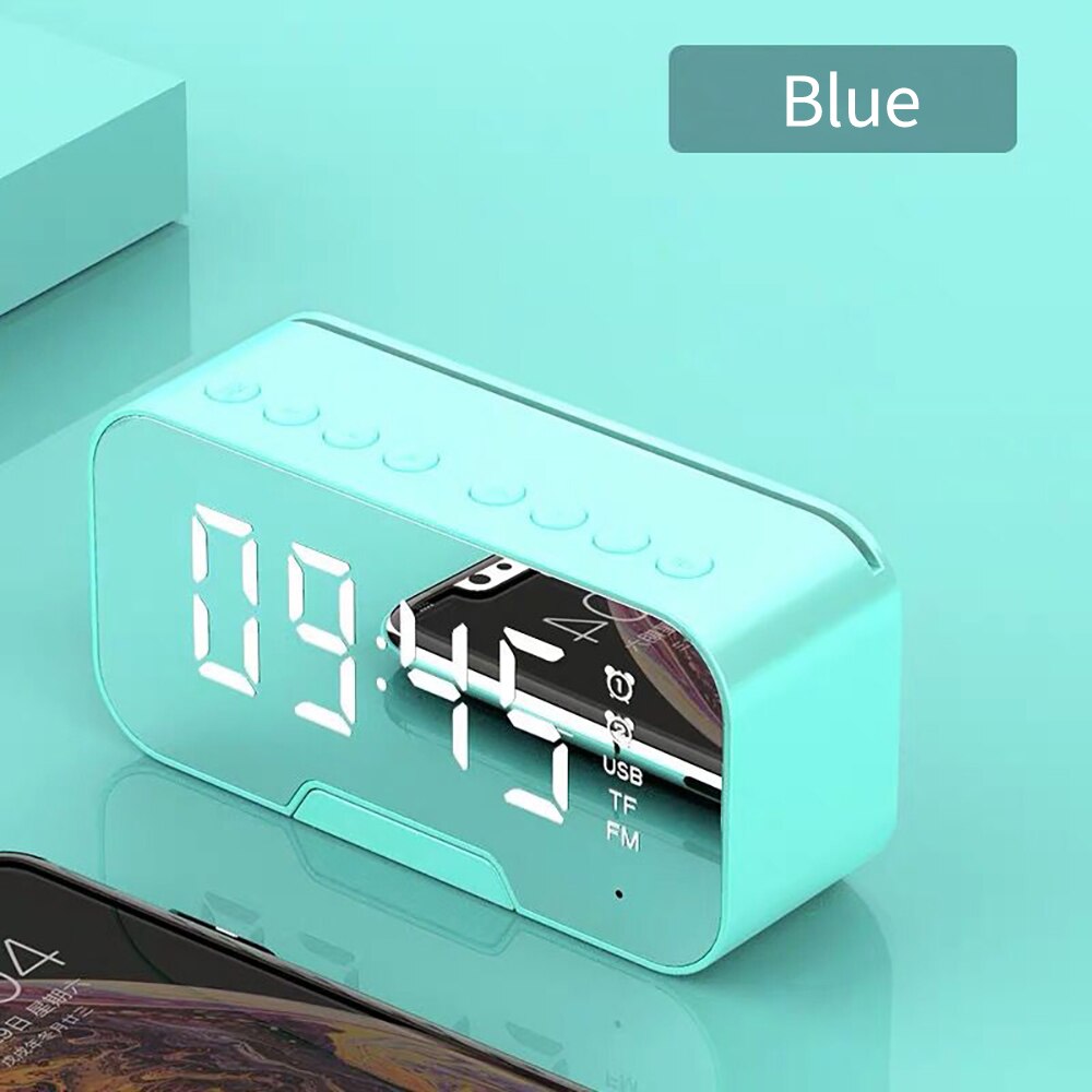 Bluetooth højttaler med radio led spejl vækkeur subwoofer musikafspiller snooze skrivebord ur trådløst: Blå