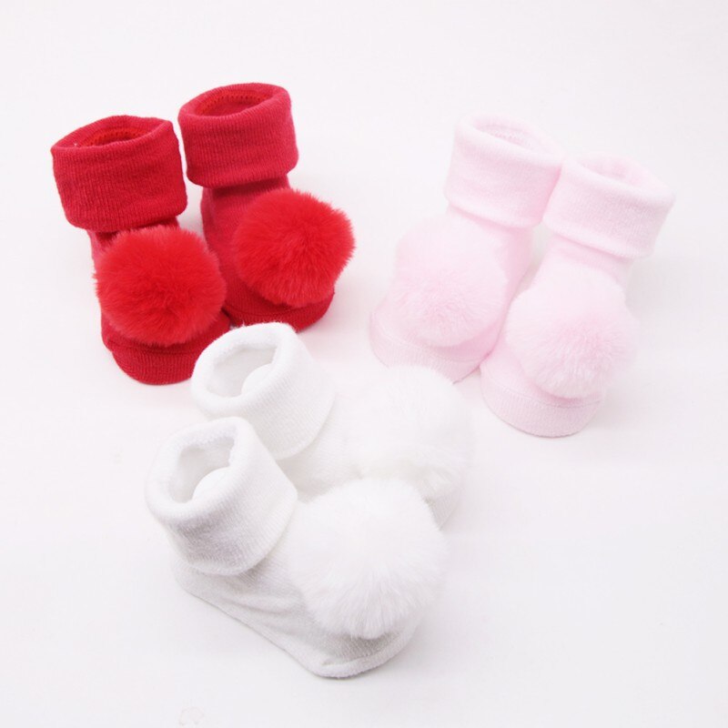 Cute Pompom Baby Socks Warm Solid Baby Girl Boy Socks Infant Toddler Anti Slip Floor Socks Kids Socks for 0-18Month