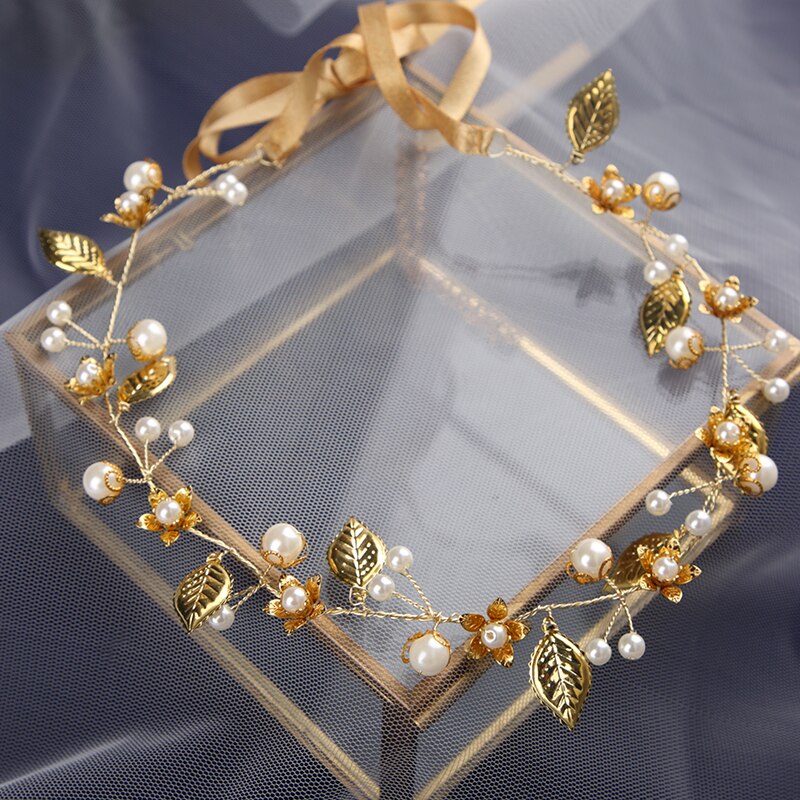Bruiden Parels Haarbanden Gouden Bruiloft Haar Accessoires Bridal Handgemaakte Bloem Haar Sieraden