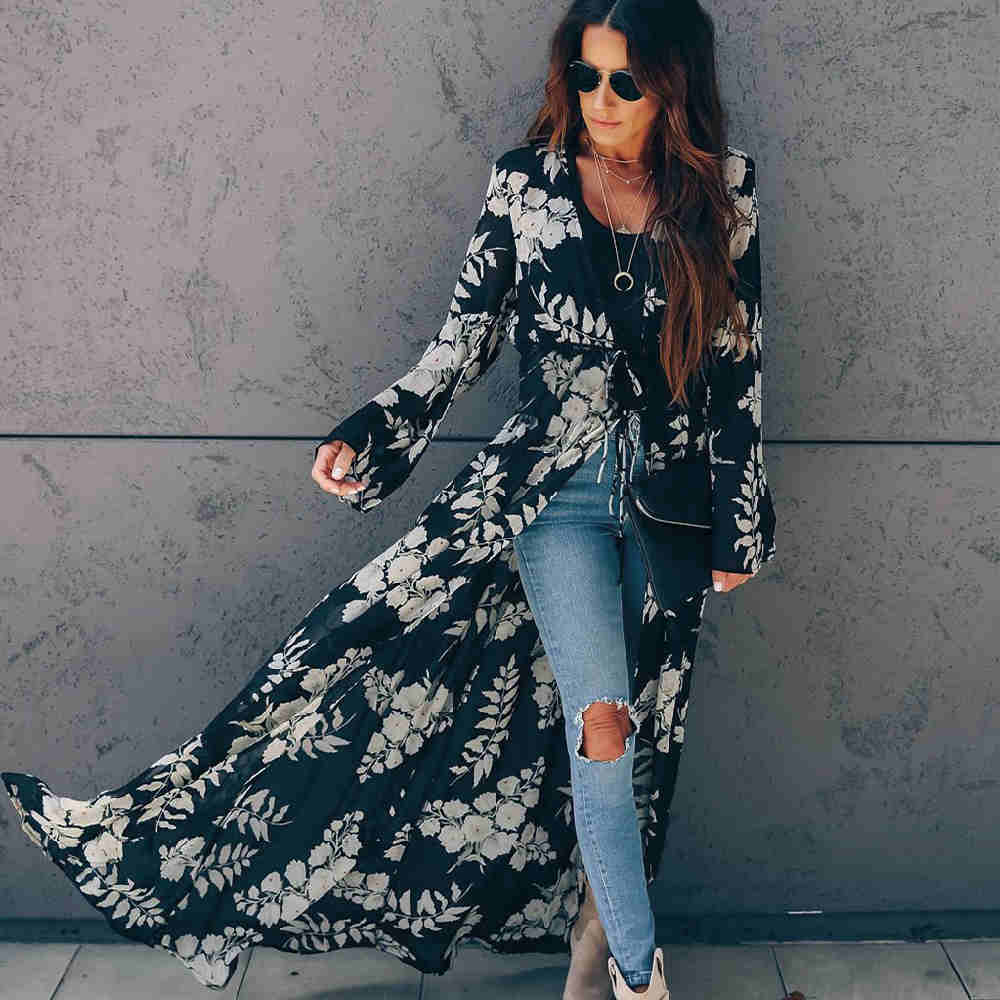 Bikini cover-ups boho printet lang kimono cardigan plus size hvid sort chiffon tunika dame strand wear badedragt cover up  a225: Xxl