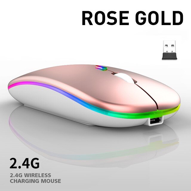 Langaton hiiri bluetooth 5.2 rgb ladattava hiiri langaton tietokone hiljainen led taustavalaistu ergonominen pelihiiri kannettava tietokone: Rosegold vastaanotin