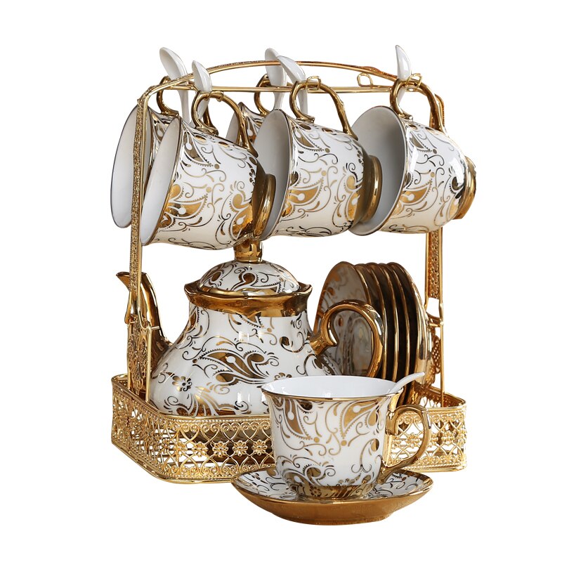 European Style Vintage Gold 1380mL Ceramic Coffee Pot Set Large Capacity Teapot Luxury Milk Pot English Flower Tea Set