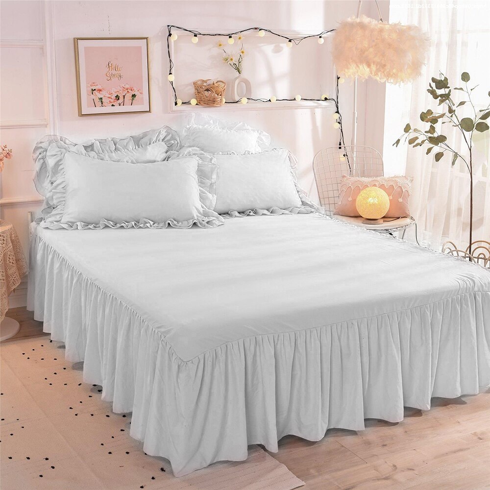 Hoeslaken Cover Graceful Kant Sprei Slaapkamer Bed Cover Rok Decoratie Antislip Matrashoes Rok Cubrecama: WHITE / 3pcs 150x200cm