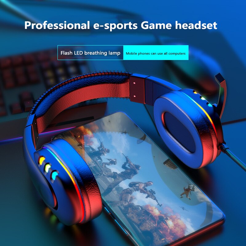 Head-mounted Wired Gaming Headset Colorful Glow LED Light Noise-canceling Microphon Stereo Headphones For Laptop Tablet Gamer