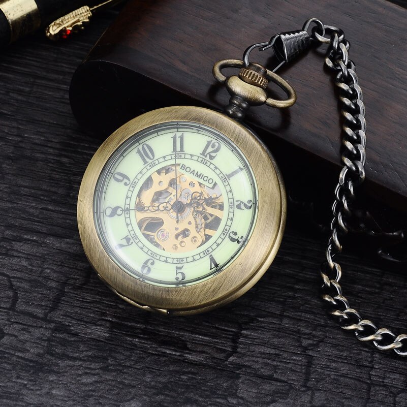 Fob mannen pocket horloges antieke mechanische horloges skeleton koper klok legering case luxe keten boamigo brand reloj hombre