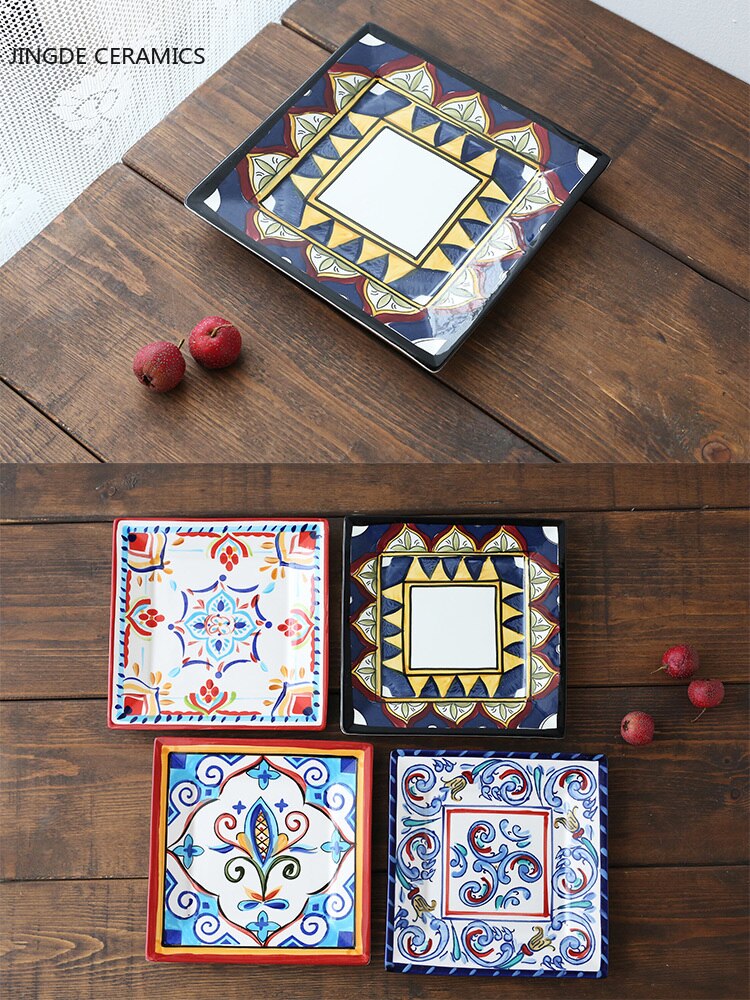 Square hand painted flower ceramic plate fruit salad plate dessert steak japanese cuisine kitchen storage decorative tableware