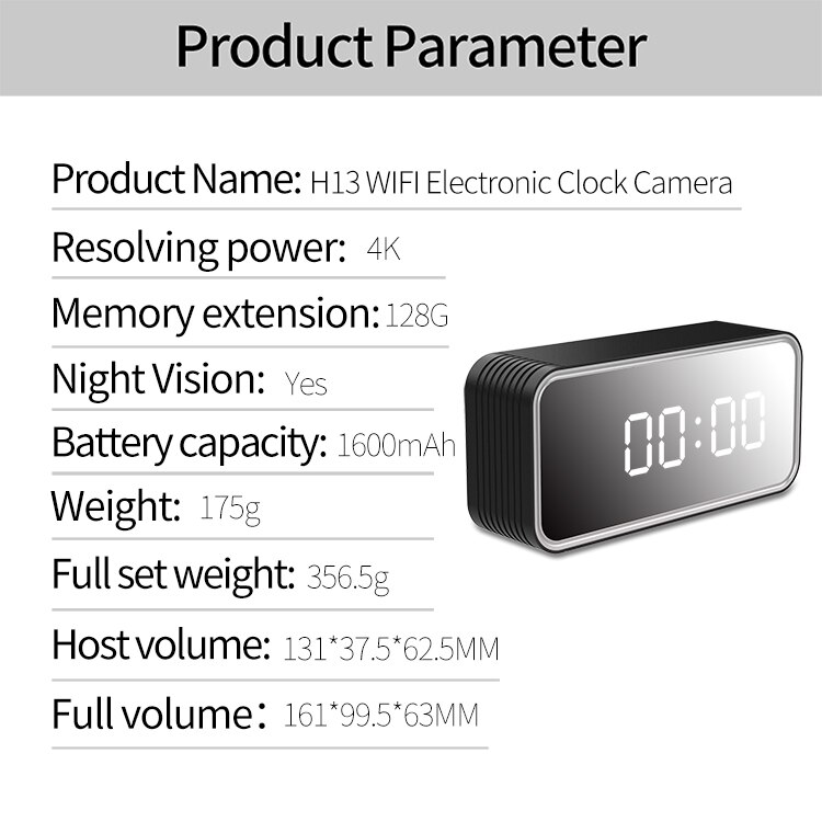 H13 wifi 4 k hd relógio de câmera suporte máximo 128 gb cartão memória 6 m detectar distância avi monitor vídeo segurança em casa