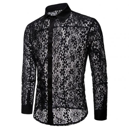 Men Sexy Shirts Long Sleeve Solid Color Lace Mesh See Through Clubwear Buttons Down Shirt Slim Party Transparent Shirt Tops: black / XXL