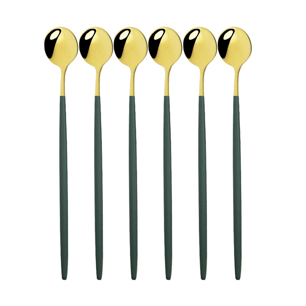 6Stck Schwarz Lange Hangdle Löffel Für Poliert Rühren Trinken 304 Steainless Stahl Geschirr Geschirr Besteck Eis Löffel einstellen: 6Stck Grün Gold