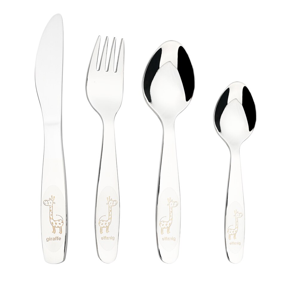 Cartoon Dinnerware 18/10 Stainless Steel Set Baby Dishes Dinner Spoons Fork Knife Baby Kids Learning Eating Children Tableware: 4pcs Silver