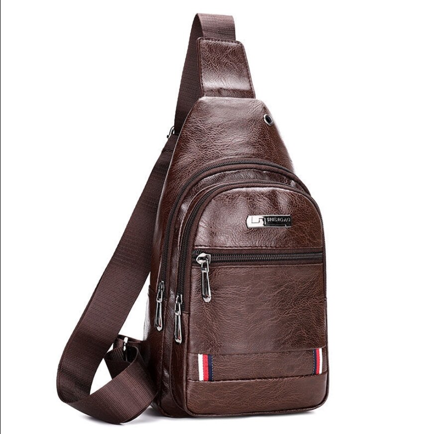Mannlig usb-lading skulder crossbody-vesker herre anti-tyveri brystveske gymtilbehør sport reisepakke veske: Brunt skinn